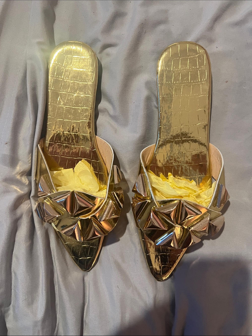Beginning Boutique Metallic Gold Pointed Slip-On Sandals with Geometric Bow